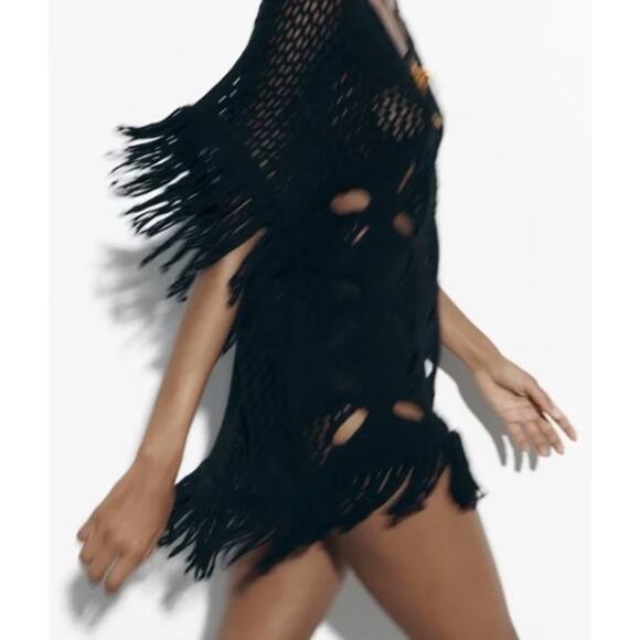 Zara Black Knit Top with Long Black Fringe Small - Medium - Picture 2 of 8